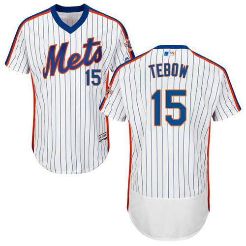 Mets #15 Tim Tebow White(Blue Strip) Flexbase Authentic Collection Alternate Stitched MLB Jersey - Click Image to Close